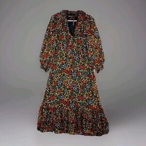 Karl Lagerfeld Paris Dress Womens 12 Black Floral Midi Long Sleeve Ruffle Hem